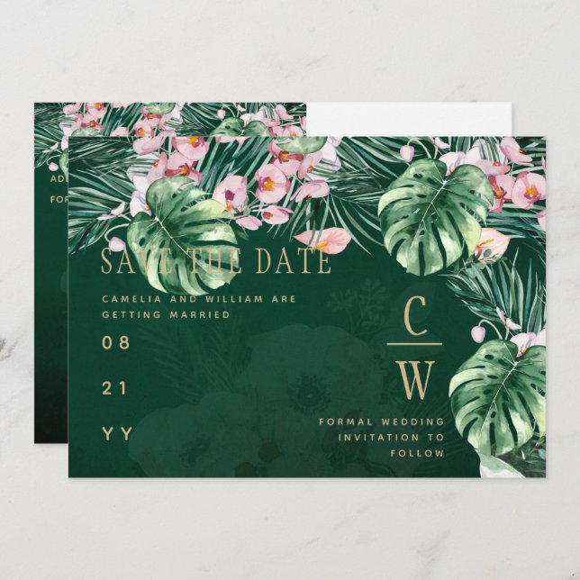 Reserve A Data LeahG Verde Tropical Rosa Botânico Casamento (Frente/Verso)
