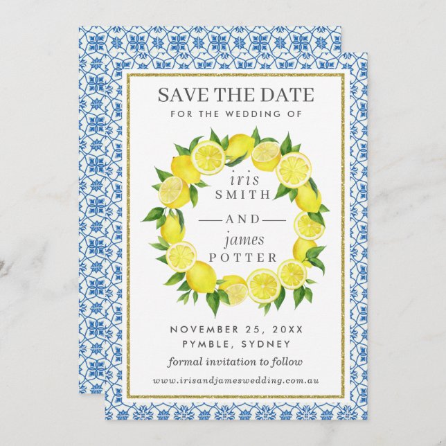 Reserve A Data Lemon Foliage Mediterranean Save The Date Card (Frente/Verso)