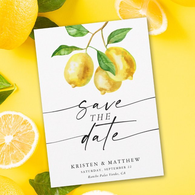 Reserve A Data Lemon Watercolor Modern Wedding (Capture the essence of summer with our lemon watercolor save the date.)