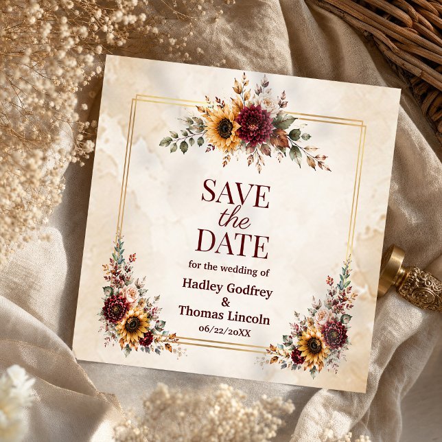 Reserve A Data Letreiro de Casamento Girassol Borgonha Outono (Autumn Burgundy Sunflower Wedding Sign Save The Date #weddingsavethedate #weddingsunflowers #fall)