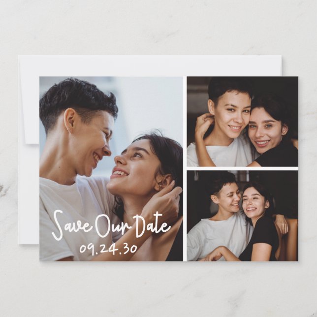 Reserve A Data LGBTQ Modern Photo Collage Flat Save The Date Card (Frente)