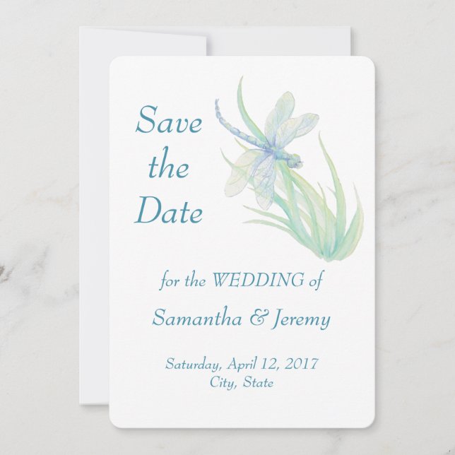 Reserve A Data Libélula Aquarela Azul Verde Save the Date (Frente)