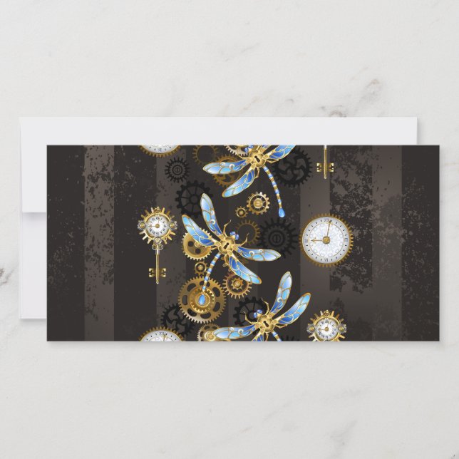 Reserve A Data Libélulas Steampunk em fundo listrado marrom (Frente)