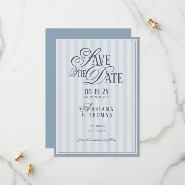 Reserve A Data Light Blue Striped Old Money Calligraphy Wedding (Frente/Verso In Situ)