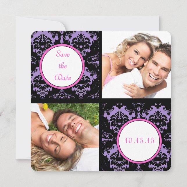 Reserve A Data Lilac Black Damask Pink Wedding Save the Date (Frente)