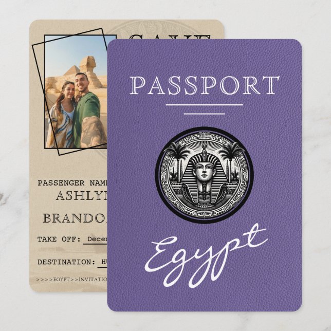 Reserve A Data Lilac Egypt Passport Wedding Save the Date (Frente/Verso)