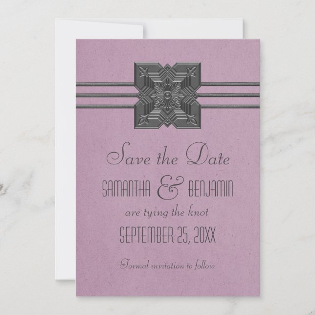 Reserve A Data Lilac Medallion Border Salve Date Invite (Frente)