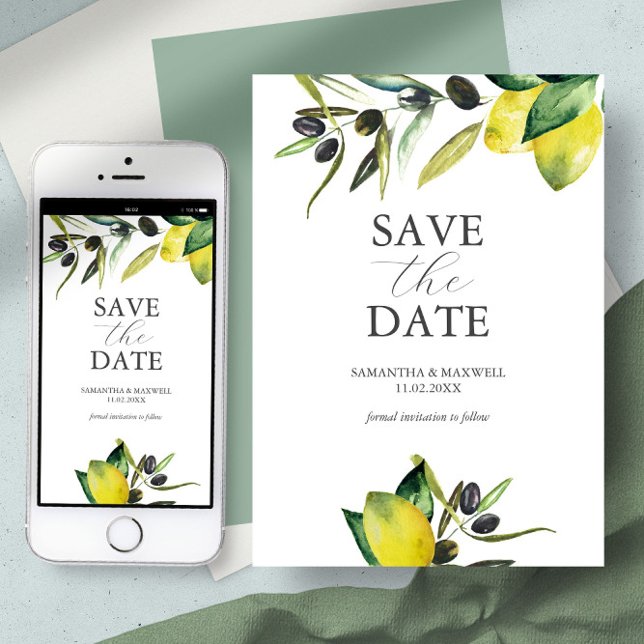 Reserve A Data Limão Azeitona Save The Date Moderno Aquarela (save the date card digital template wedding theme mediterranean invitation lemon olives botanical)