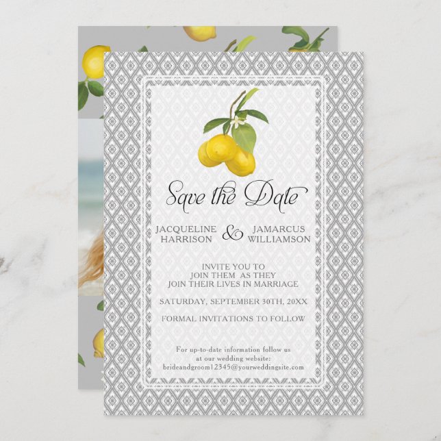 Reserve A Data Limão Citrus Floral Foliage Cinza Amarelo Foto (Frente/Verso)