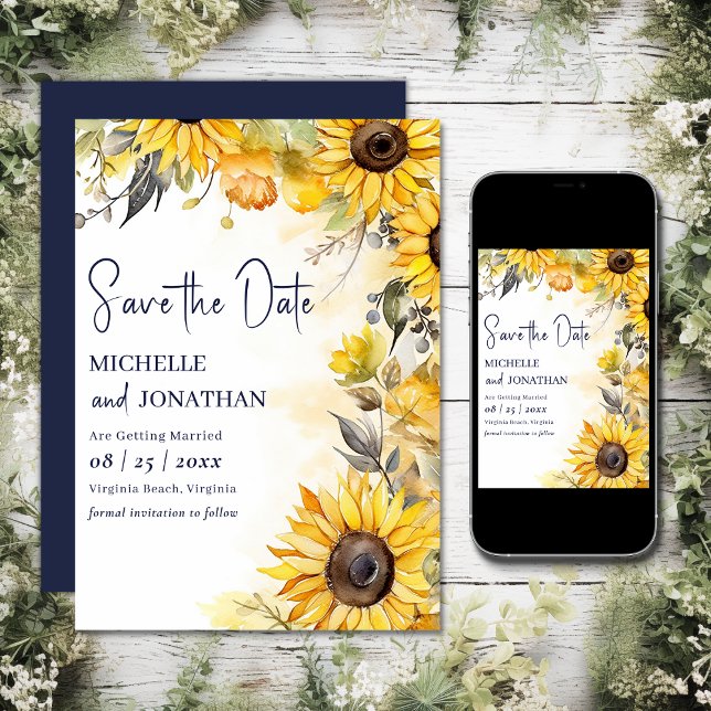 Reserve A Data Linda Watercolor Sunflower Floral Casamento (Printed and Digital - Beautiful Watercolor Sunflower Floral Wedding Save The Date)