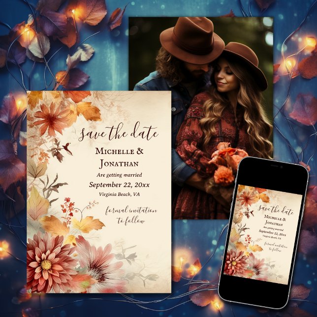 Reserve A Data Lindas Flores de Outono Querem Foto De Casamento F (Printed and Digital - Beautiful Autumn Flowers Fall Floral Wedding Photo Save The Date)