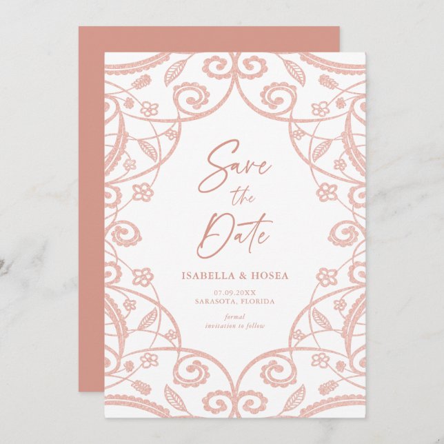 Reserve A Data Lindo Rosa Dourado Suave Glitter Renda Floral Casa (Frente/Verso)