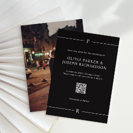 Reserve A Data Linhas Modernas e Monograma Código QR Preto e Foto