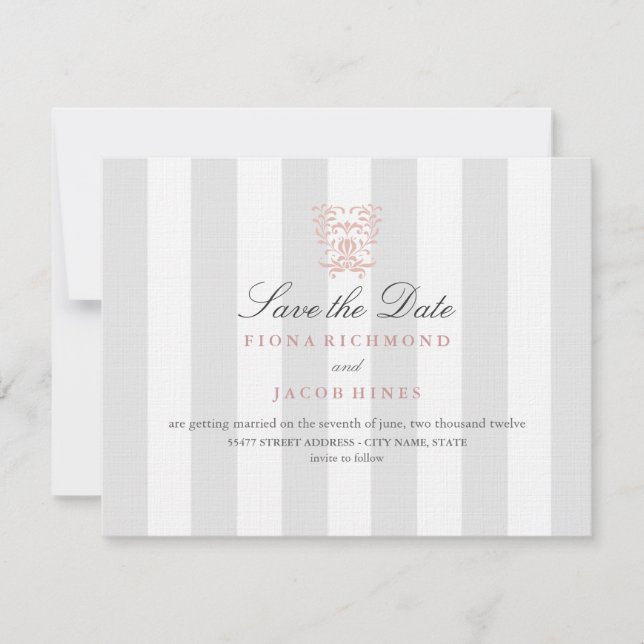 Reserve A Data Listras Cinzas & Damask Peach Save The Date Casame (Frente)