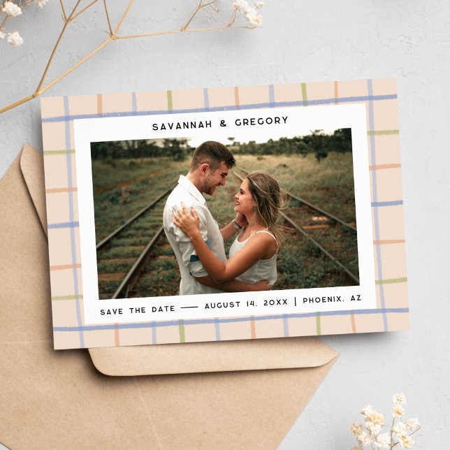 Reserve A Data Listras Desenhadas à Mão Lindas 1-Foto Salvar a Da (modern save the date with picnic blanket design)
