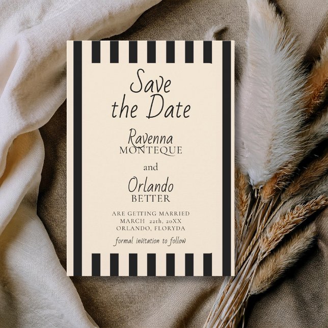 Reserve A Data Listras Pretas e Marfim Casamento Retro Minimalist (Criador carregado)