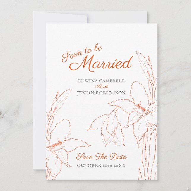 Reserve A Data Logo de casamento botânico de gladíolo laranja (Frente)