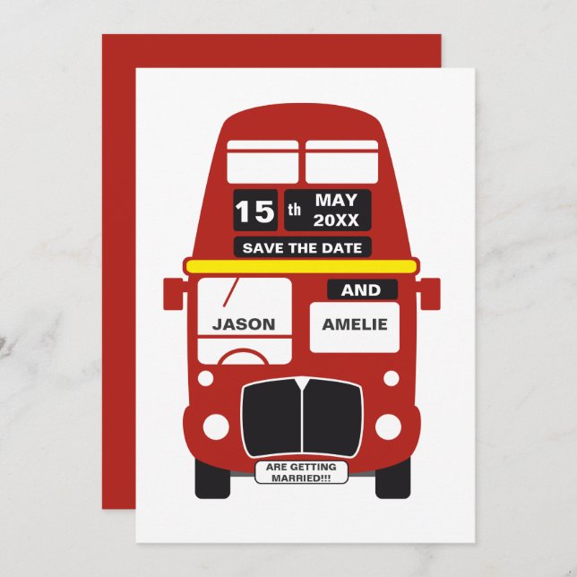 Reserve A Data London Bus Save the Date Card RED (Frente/Verso)