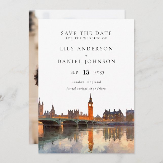 Reserve A Data London Skyline Watercolor Photo Wedding (Frente/Verso)