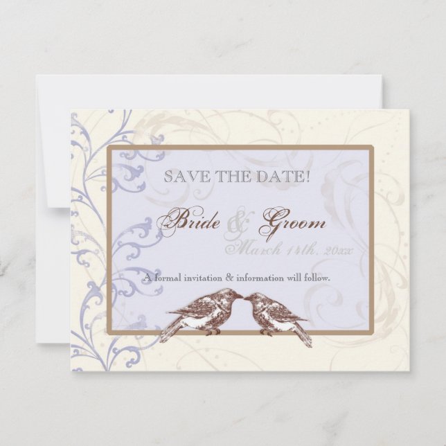 Reserve A Data Love Birds 'n Lace - Periwinkle Save the Date Card (Frente)