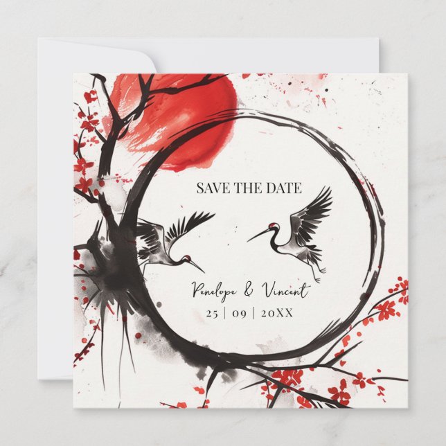 Reserve A Data Love Cranes and Cherry Blossom Save the Date (Frente)