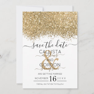Reserve A Data Luxo Moderno Dourado Branco Glitter Confete Casame