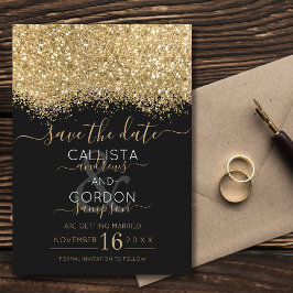 Reserve A Data Luxo Moderno Dourado Preto Brilho Confete Casament