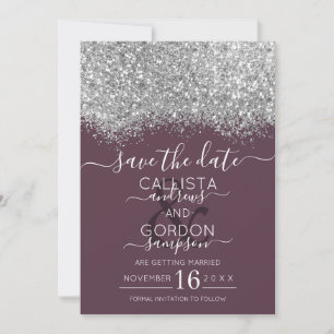 Reserve A Data Luxo Prata Glitter Roxo Confete Casamento