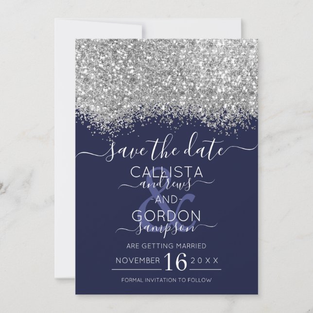 Reserve A Data Luxo Prata Marinho Glitter Confete Casamento (Frente)