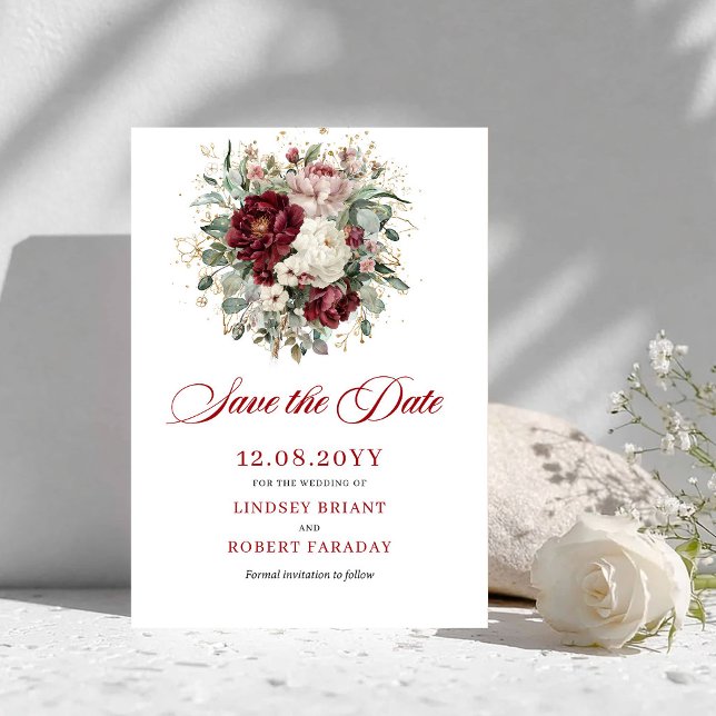 Reserve A Data Luxuoso Bege Borgonha Floral Salve A Data (Luxury Blush Burgundy Floral Save The Date)