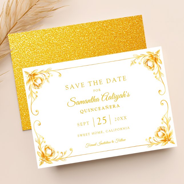 Reserve A Data Luxuoso Floral Dourado Branco e Dourado Quinceaner (Criador carregado)