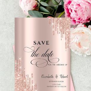 Reserve A Data Luxuoso Rosa Chic Glitter Gotas Salve A Data