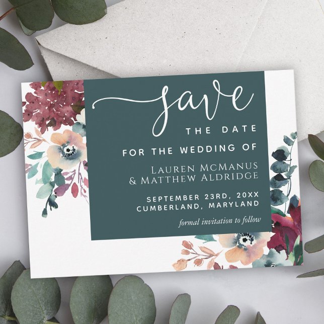 Reserve A Data Luxurioso Teal Burgundy Floral Salvar a Data (Criador carregado)