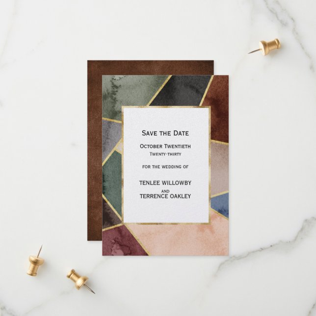 Reserve A Data Luxurious Gold Geometric Blue Green Brown Wedding (Frente/Verso In Situ)