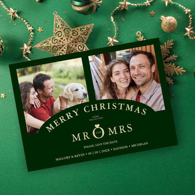 Reserve A Data Luxurious Trendy Dark Green Christmas 2 Photos (Luxurious Trendy Dark Green Christmas 2 Photos Wedding Save the Date Card as a Holiday Card.)