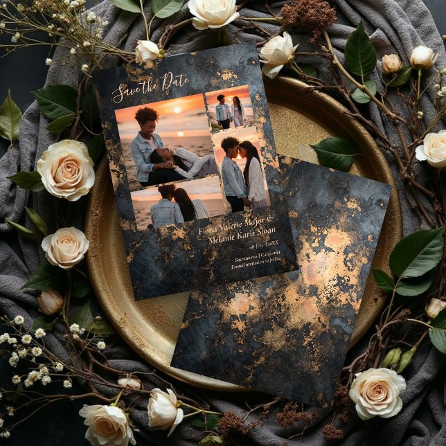 Reserve A Data Luxury Dark Grey Gold Wedding 4 Photo Collage (Sophisticated Wedding Charcoal Black Gold Effect Abstract Texture 4 Photo Collage.)