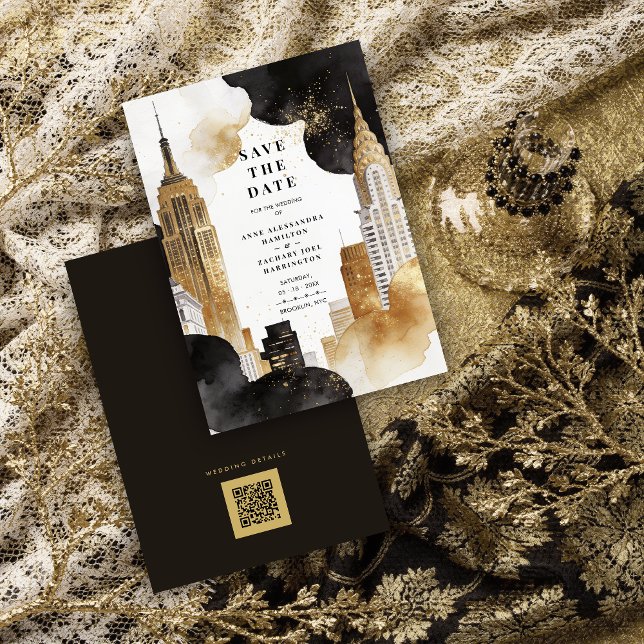 Reserve A Data Luxury Iconic NY Buildings Cityscape Glitter  (Luxury Iconic NYC Buildings Cityscape with Glitter effect Wedding Save the Date Card Design.)