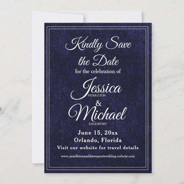 Reserve A Data Luxury Velvet Navy Blue Monogram Wedding (Frente)