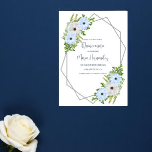 Reserve A Data Luz Azul e Branco Rústico Floral Quinceañera