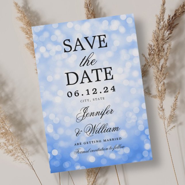 Reserve A Data Luzes Azuis Marinho De Casamento Elegante (Elegant Script Wedding Navy Blue Bokeh Lights Save The Date)