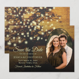 Reserve A Data Luzes de Árvore Dourada Rústica & Foto Casamento E