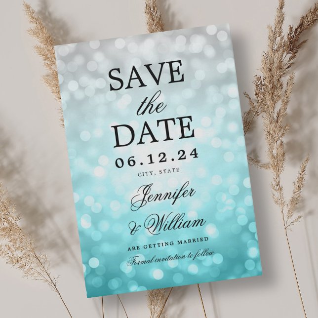Reserve A Data Luzes de Bokeh de Praia de Casamento de Script Ele (Elegant Script Wedding Beach Bokeh Lights Save The Date)