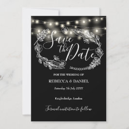 Reserve A Data Luzes de Corda Florais Preto e Branco Casamento