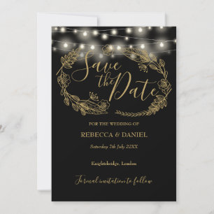Reserve A Data Luzes de Corda Florais Preto e Dourado Casamento