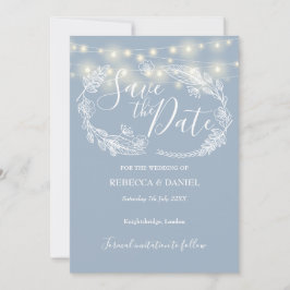 Reserve A Data Luzes de Corda Floral Azul Poeirento Casamento