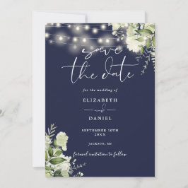 Reserve A Data Luzes de Corda Floral Verde Azul Marinho Casamento