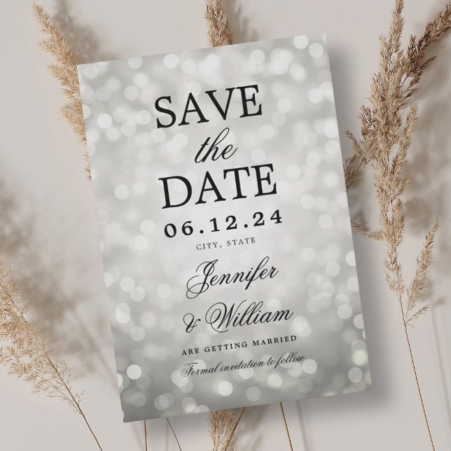 Reserve A Data Luzes de Prata de Casamento de Script Elegante (Elegant Script Wedding Silver Bokeh Lights Save The Date)