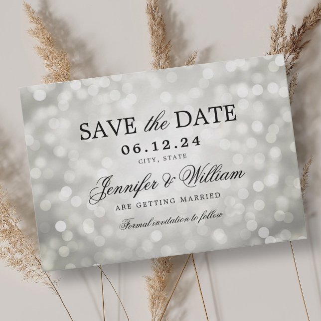 Reserve A Data Luzes de Prata de Casamento de Script Elegante (Elegant Script Wedding Silver Bokeh Lights Save The Date)