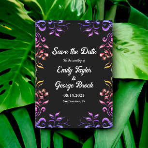 Reserve A Data Luzes Neon Elegantes Rosas Casamento Floral Preto