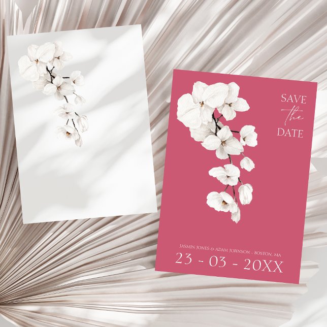 Reserve A Data Magenta Rosa Moderno Orquídea Floral Branco (Modern Magenta Pink White Orchids Flowers Wedding Save The Date)